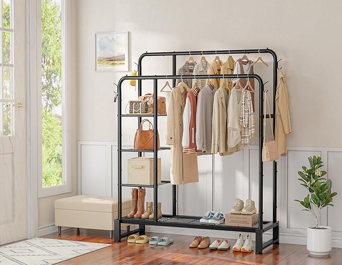 Double Rods Clothes Rack Clothing Rack with 4 Tier Storage Shelves Clothes Rack for Hanging Clothes Multifunctional Heavy Duty Clothes Organizer with Hooks for Bedroom,Wardrobe Closet,Shop,Black