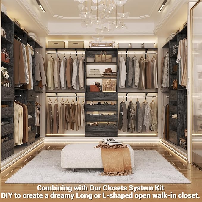 Aheaplus Closet System with Drawers Set of 2, Wood Closet Organizer System with 8 Hanging Rods & Top Shelves, Walk-in Closets Organizer Wardrobe Clothes Rack, Cut Fits Spaces 4-9FT. Wide, Black Oak