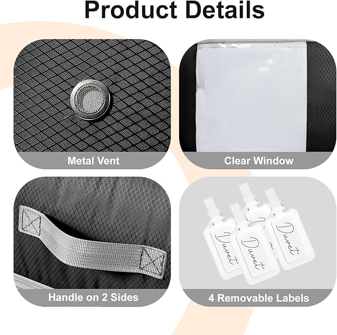 Comforter Storage Bag - 130L Large Capacity Blanket Storage Bags 4-Layer Ultra Space Saving Self Compression Organizer, Washable Compression Bags for Storage Comforter Blanket, 4-Pack, Black