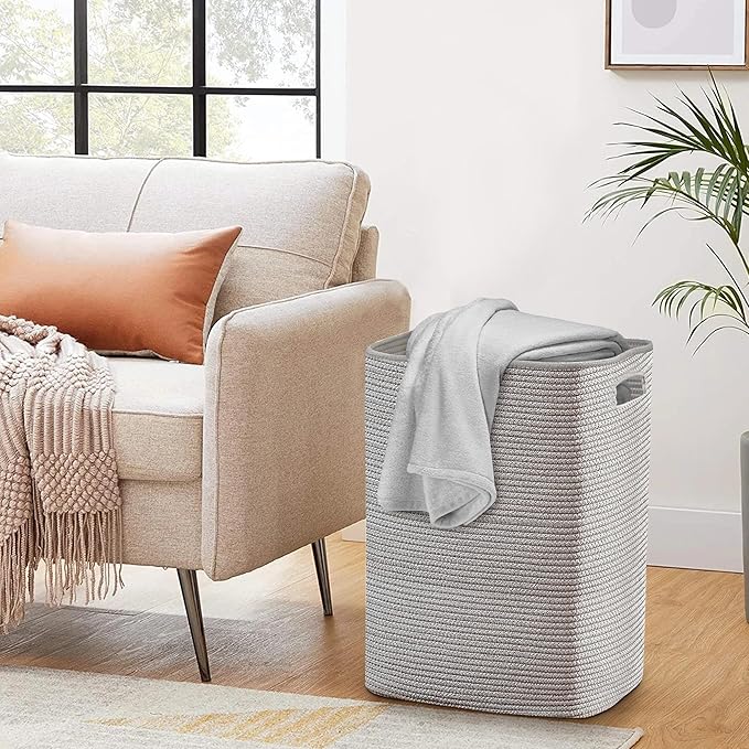 Large Laundry Hamper 16"x13"x22" - Tall Woven Laundry Basket, Cotton Rope Dirty Clothes Hamper, Baby Kids Nursery Wicker Laundry Basket, Bedroom Aesthetic, Soft Laundry Bin, Gray Hamper, 75L