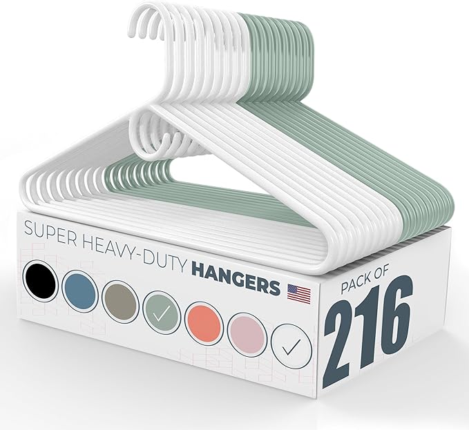 Neaties Super Heavy Duty Clothes Hangers 100+ Pack (216 Count) – Made in the USA - 10lb Capacity, Thick Plastic Hangers for Pants, Coats, Jackets, Jeans and Adult Clothing – White & Mint