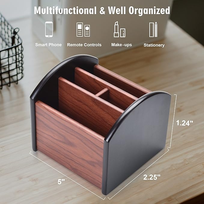 Wooden Desk Organizer, 4 Compartment Revolving Wood Desktop Organizer Office Supplies Rotating Remote Control Caddy Holder (Desk Organizer-4)