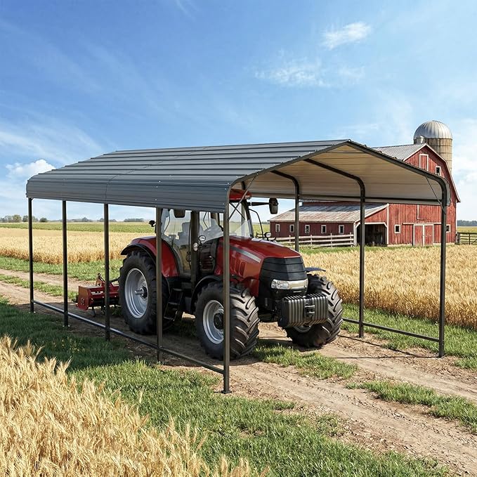 SUNBURY 10 x 20 ft Heavy Duty Metal Carport for Vehicle Storage, Canopy with Galvanized Steel Roof, Outdoor Steel Car Shelter with Metal Frame, for Cars, Boats, Pickups and Tractors, Gray