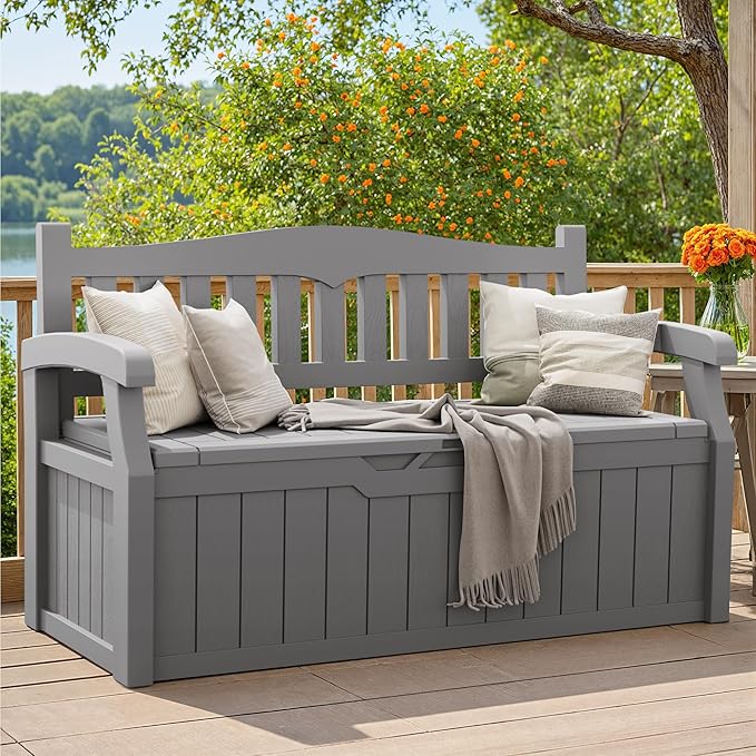 Greesum 80 Gallon Storage Bench Outdoor Deck Box with Armrest, Patio Furniture,Lockable, Waterproof and UV Resistant, Suitable for Garden, Pool, Grey