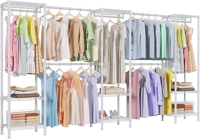 H11 Heavy Duty Garment Rack, Clothing Rack for Hanging Clothes, Extra Large Closet, Freestanding Wardrobe Closet Organizer and Storage with Hanger Rods, Extendable from 7.8 to 10.8 ft, White
