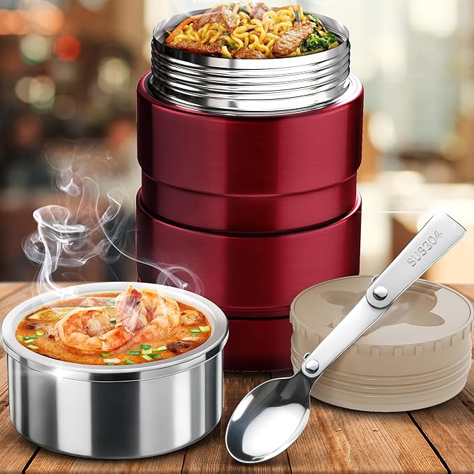 Earth&ME Stainless Steel Thermo For Hot Food 17OZ with Folding Spoon, Vacuum Insulated Food Container, Soup Thermo with Wide Mouth, Insulated Food Jar for Hot & Cold Food, Red