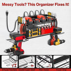 Garage Tool Organizer with Charging Station & Power Strip - 4 Drill Holder Wall Mount Rack, Heavy Duty Metal Shelf for Workshop Organization