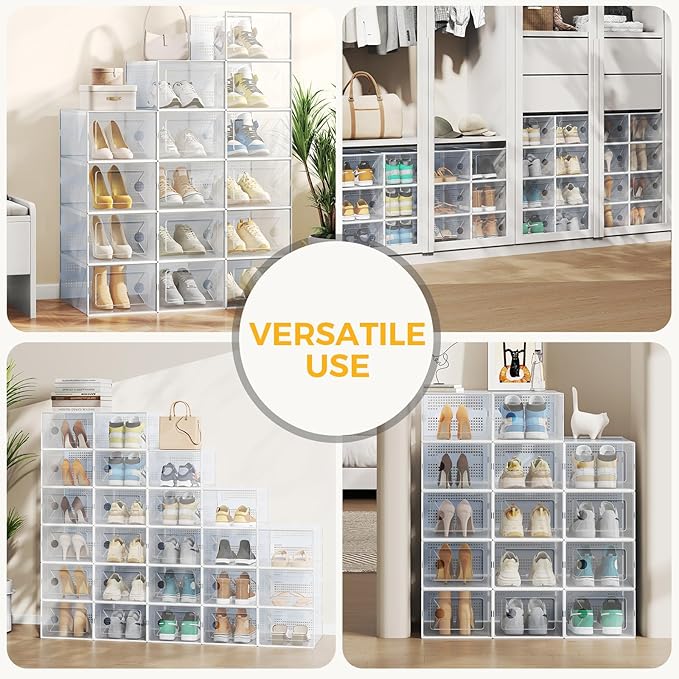 NEWBULIG 15 Pack Clear Shoe Storage Boxes, Shoe Organizer for Closet with Lid, Plastic Stackable Breathable Shoe Cabinet with Lid for Sneakers, Heels & Boots, White