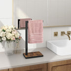 Hand Towel Holder for Bathroom, Hand Towel Stand with Wood Base, L-Shape Hand Towel Rack Height 13.85'' for Vanity Countertop, Kitchen Counter, (Rustic Brown-Square Base-L Shape)
