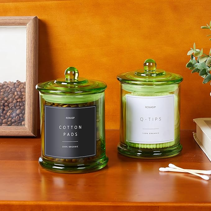 Qtip Holder & Cotton Pad Dispenser, Bathroom Organizer and Storage Canisters, 16oz Glass Apothecary Jars for Kitchen, Restroom - Home Decor Accessories, Room Decor Aesthetic (2 Pack, Green)