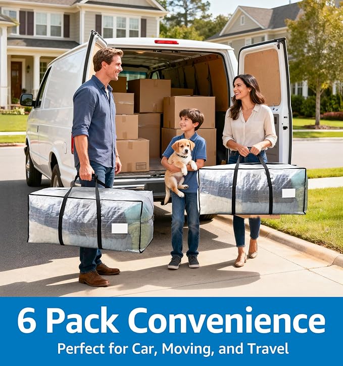 6 Pack Heavy Duty Moving Bags with Padded Wrap Around Handles-Strengthened Zipper Extra Large Storage Totes for Dorm College Clothes Clear