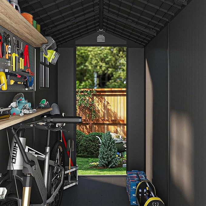Patiowell 4x8 FT Outdoor Storage Shed with Floor & Windows, Lockable Resin Tool Shed for Garden, Backyard, Patio, and Lawn Equipment - Easy Assembly, All-Weather Protection, Gray (Fit-it Shed)