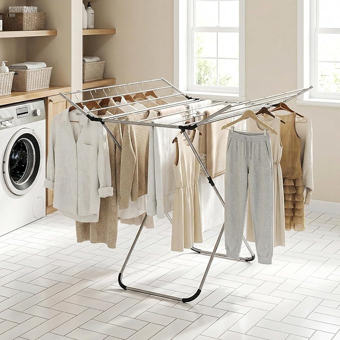 Tangkula Aluminum Clothes Drying Rack, Folding Laundry Rack with Sturdy Frame, Foldable Wings & 14 Drying Poles, Space-Saving, Freestanding Drying Rack for Indoor & Outdoor Use