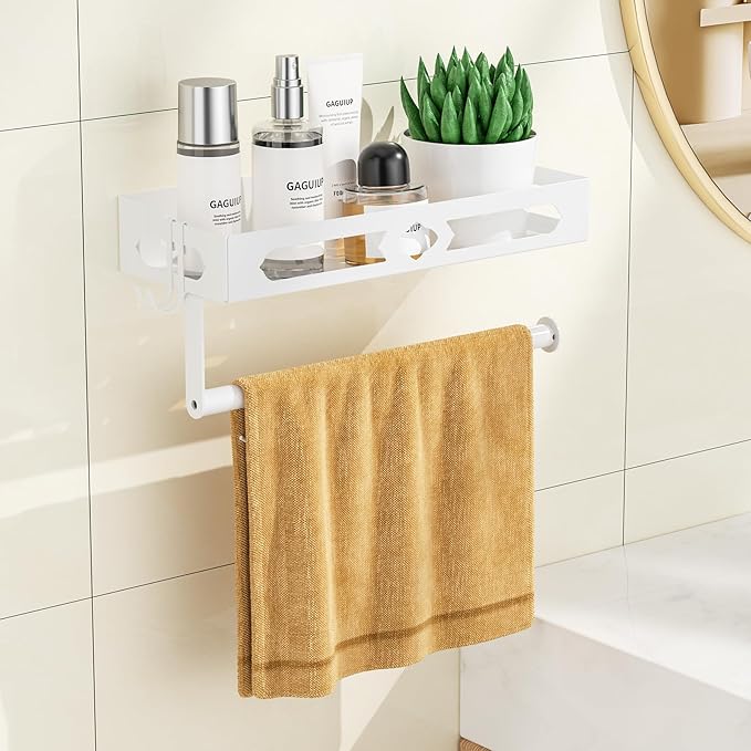 White Paper Towel Holder Wall Mount with Shelf - Adhesive Hand Towel Rack, Space-Saving for Bathroom, Kitchen, RV Camper