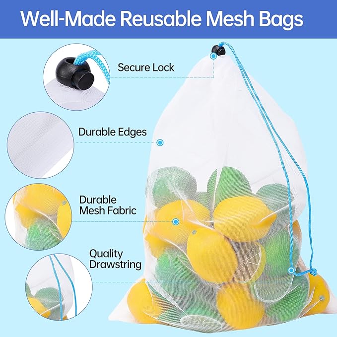 20 Pack Reusable Produce Bags,See-Through Mesh Produce Bags With Drawstring,Washable Toy Storage Mesh Bags for Playroom Organization,Mesh Storage Toy Bags for Storage Toy Fruits Vegetables,3 Sizes