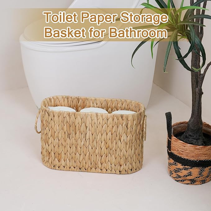 efluky Toilet Paper Storage Basket, Water Hyacinth Slim Toilet Paper Holder- Holds Up to 9 Mega Rolls, Home Bathroom Decor Organizer
