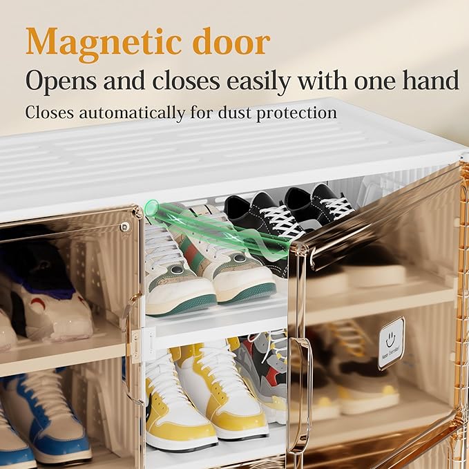 Foldable Shoe Rack Organizer for Entryway with Clear Magnetic Doors - Large Capacity Shoe Cabinet for Boots, Sneakers & All Shoes, Easy Assembly, White 4-Tier 16 Pairs