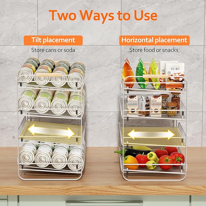MAXIFFE 4 Tier Can Organizer, Space-Saving Easy Assembly Adjustable Sturdy Metal Hold 48 Cans Storage Holder Rack Dispenser for Pantry Kitchen Cabinet Countertop RV, for Soda Drinks Fruits, White