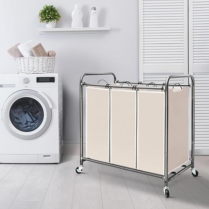 STORAGE MANIAC 3 Section Laundry Sorter, 35.9 Gal (136 L) Laundry Hamper Cart with Heavy Duty Rolling Lockable Wheels and Removable Bags, Clothes Organizer Basket Clothes Separator Hamper, Beige