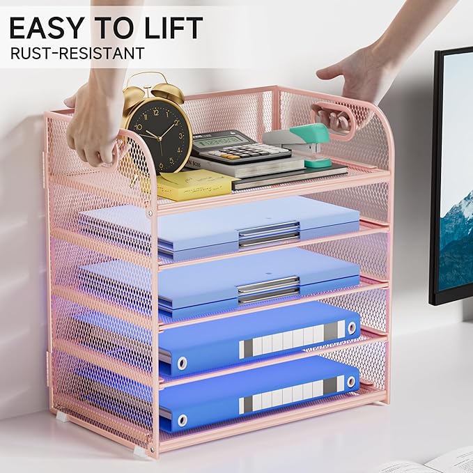5-Tier Stackable Paper Organizer with Handle, Pink Metal Mesh Letter Tray | Stylish Desk File Sorter for Office, Home & Classroom Supplies