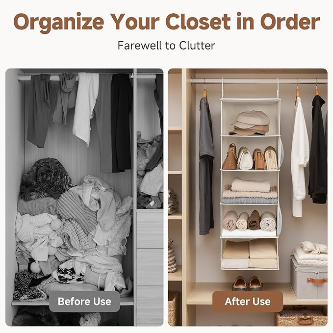 StorageWorks 5-Shelf Hanging Closet Organizers, Foldable Closet Storage Organizer with 2 Side Pockets, Portable Hanging Shelves for Clothes, Sweater, 12 1⁄2" D x 15" W x 48" H, White & Ivory