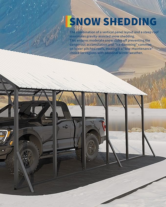 Garvee 13x26 ft Metal Carport Kit, 120° Steep-Pitch Vertical Roof for Snow Shedding, 133" High-Clearance RV & Boat Shelter, Heavy-Duty Long-Reach Car Port with Reinforced Frame