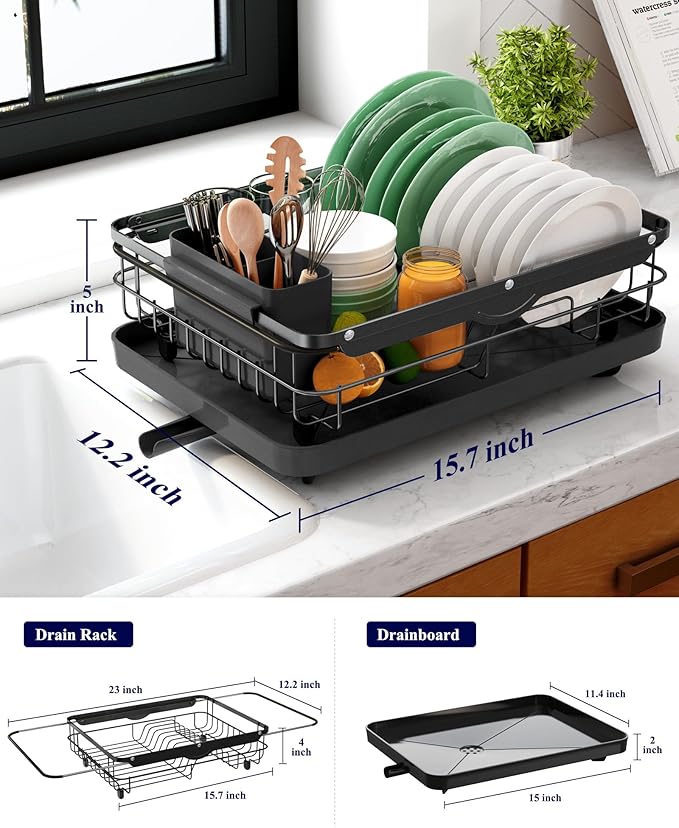 Kitsure Dish Drying Rack for Kitchen Counter, Stainless Steel Sink Organization and Storage Essentials with Cutlery Holder, Home and Appartment Decor, 12.2''W x 15.7''~23''L, Black