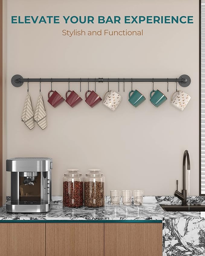 OROPY 38 inch Pot Bar Rack Wall Mounted Detachable Pans Hanging Rail Kitchen Lids Utensils Hanger with 14 S Hooks Black