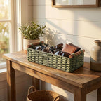 Back of Toilet Basket with Wood Handles, Green Wicker Toilet Paper Basket for Toilet Tank Top, Narrow Toilet Tank Basket, Bathroom Basket Organizer for Wipes & Essentials