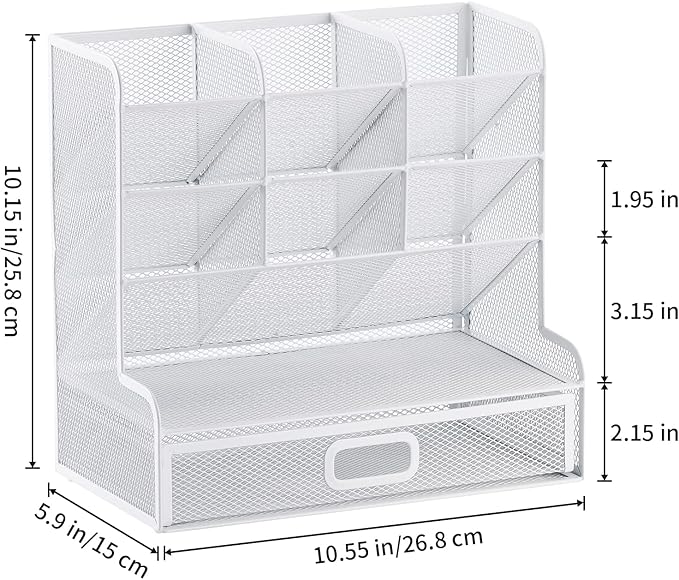 Marbrasse Mesh Desk Organizer - Multi-Functional Pen Holder with Drawer, Desktop Stationary Storage Rack for School, Home, Office, Art Supplies (White Mesh)