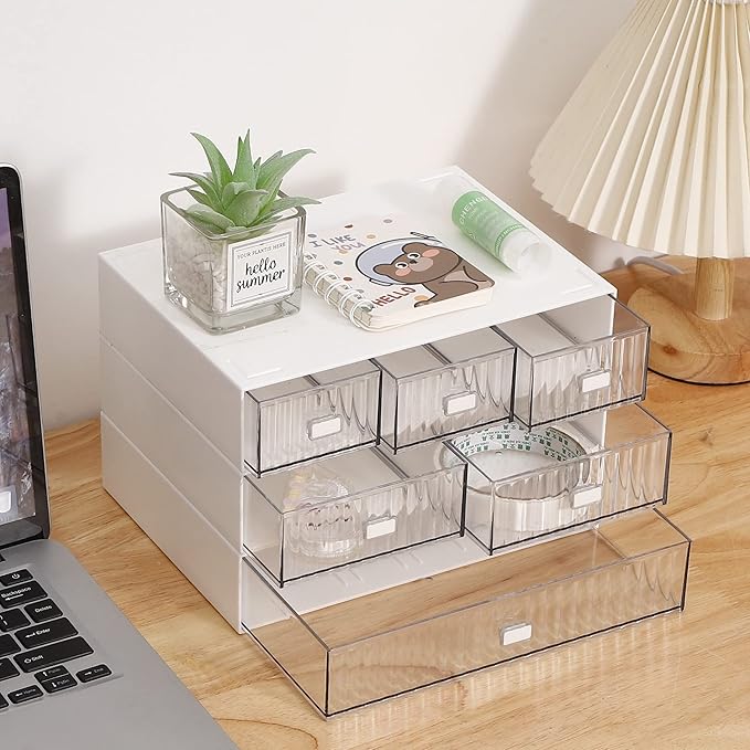 Desk Organizer Stackable Storage with 6 Drawers Stackable Drawers for Desk Storage, Makeup Storage Accessories, Desktop Accessories with Drawers, White