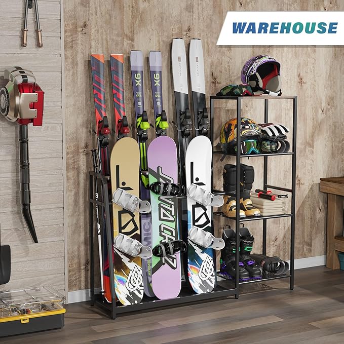 Freestanding Snowboard Rack - 4 Pair Ski, 3 Pack Snowboard, Boot, Pole, Goggles, Helmet Rack for Garage, Shed, Basement