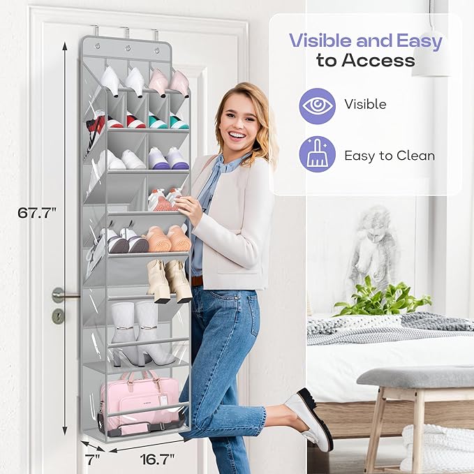 MISSLO Clear Over the Door Shoe Organizer Large Deep Pockets Hanging Shoe Rack for Closet Fit 20 Pairs Shoe Holder for Sneakers Boots Storage，Grey
