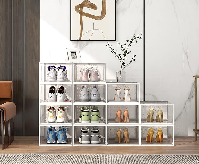 Pinkpum XXL Larger Shoe Storage Boxes Fit Size 14, Clear Plastic Stackable Shoe Organizer 12 Pack Sneaker Storage for Sneakerheads Shoe Containers