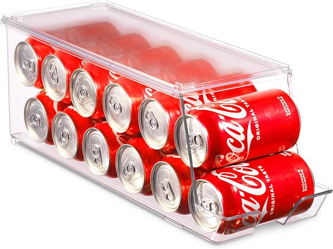Set of 2 Stackable Refrigerator Organizer Bins Pop Soda Can Dispenser Beverage Holder for Fridge, Freezer, Kitchen, Countertops, Cabinets - Clear Plastic Canned Food Pantry Storage Rack Holds 12 Cans