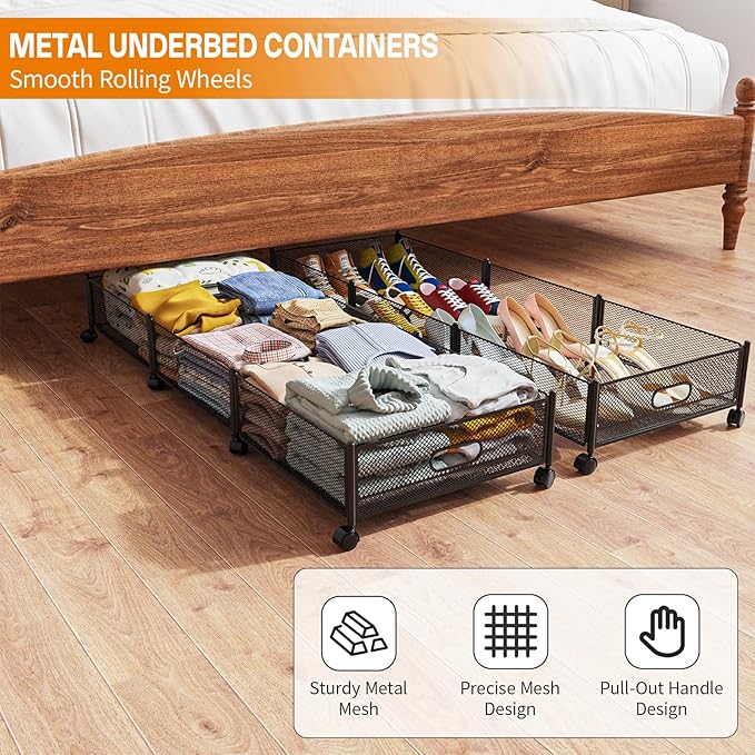 Under Bed Storage With Wheels, 47.2''/90lbs/57.6L, Metal Frame Under Bed Rolling Storage, Tool-Free Assembly Underbed Drawers, Underbed Organizer Containers for Shoes, Clothes and Toys (2 Pack)