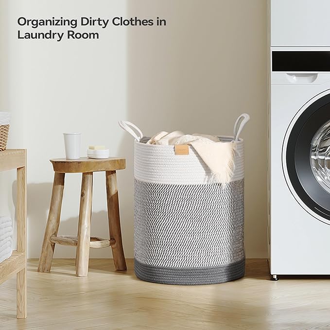 Laundry Hamper 62L,Large Laundry Basket for Clothes,Decorative Storage Basket for Blankets,Cotton Rope Woven basket for bedroom,Grey White