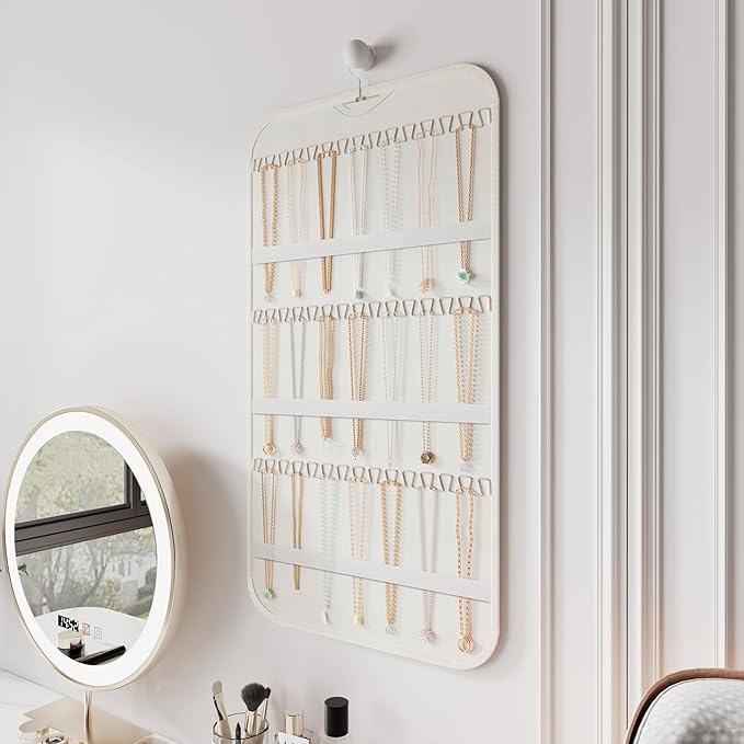 Hanging Jewelry Organizer Storage, 40 Pockets 36 Hooks Necklace Earring Necklace Bracelet Ring Organizer, Double - Sided Design, White