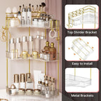 3-Tier Corner Bathroom Counter Organizer，Makeup & Skincare Shelf with Built-in Brush Holder，Space-Saving Bathroom Countertop Organizer for Skincare, Perfume, Cosmetics(Clear)