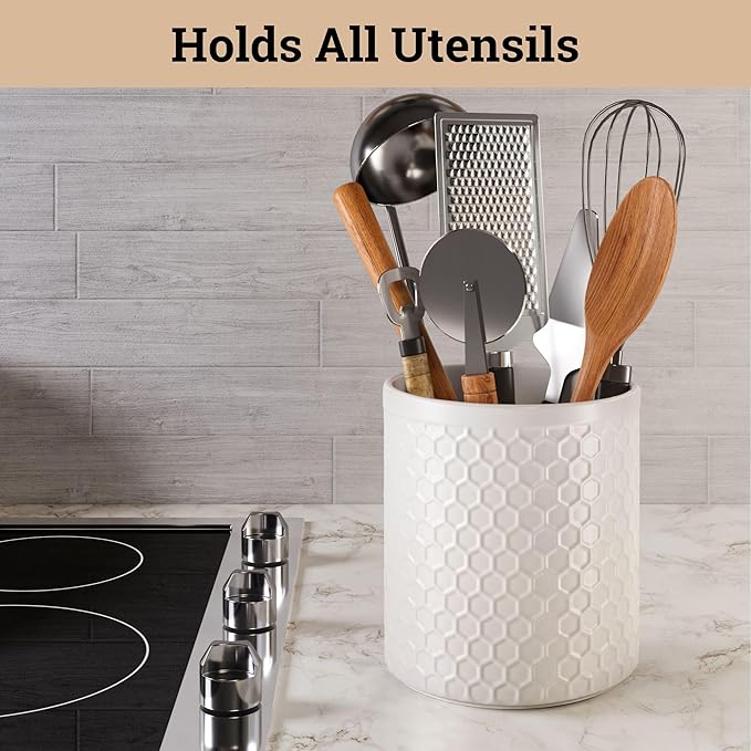 Ceramic Utensil Holder for Kitchen Counter with Anti-Slip Base - 5.5" Round x 6.5" Tall Kitchen Utensil Holder for Countertop - Holds up to 15 Pieces - Cooking Utensils Container - Vase for Utensils