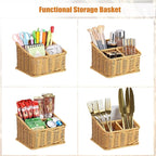 BTSKY 3 Slots Natural Woven Remote Control Holder for Desk Rattan Media TV Caddy Storage Holder Office Supply Storage Rack Desk Accessories Organizer For Living Room Bedroom Countertop, Beige