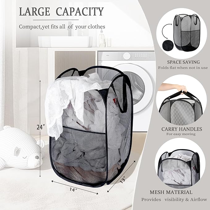 2 Pack Laundry Basket,Foldable Mesh Pop-up Laundry Hamper with Durable Handle,Easy to Open and Fold for Dorm, Laundry Room, Bedroom, RV… (White+Black)