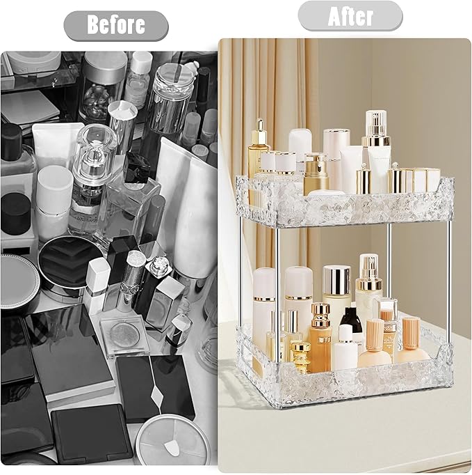 2-Tier Bathroom Counter Organizer Countertop Storage, Dresser Organizer Vanity Tray for Makeup, Perfume Organizer Cosmetics Skincare Shelf - Clear
