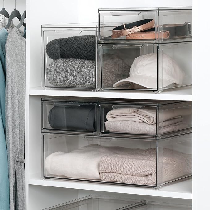 mDesign Plastic Stackable Closet Storage Organizer Bin Containers with Front Pull Drawer for Cabinet, Desk, Shelf, Cupboard, or Dresser Organization - Lumiere Collection - Clear