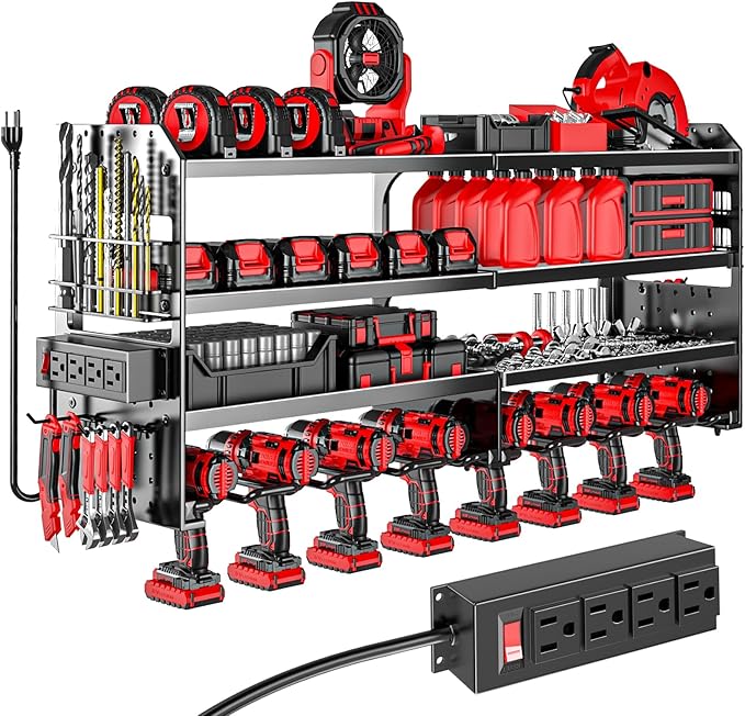 Large Power Tool Organizer Wall Mount with Charging Station, 4 Layer Heavy Duty Metal Cordless Tool Organizer, Tool Storage Rack with 8 Cordless Drill Holder Screwdriver Hammer(Black)