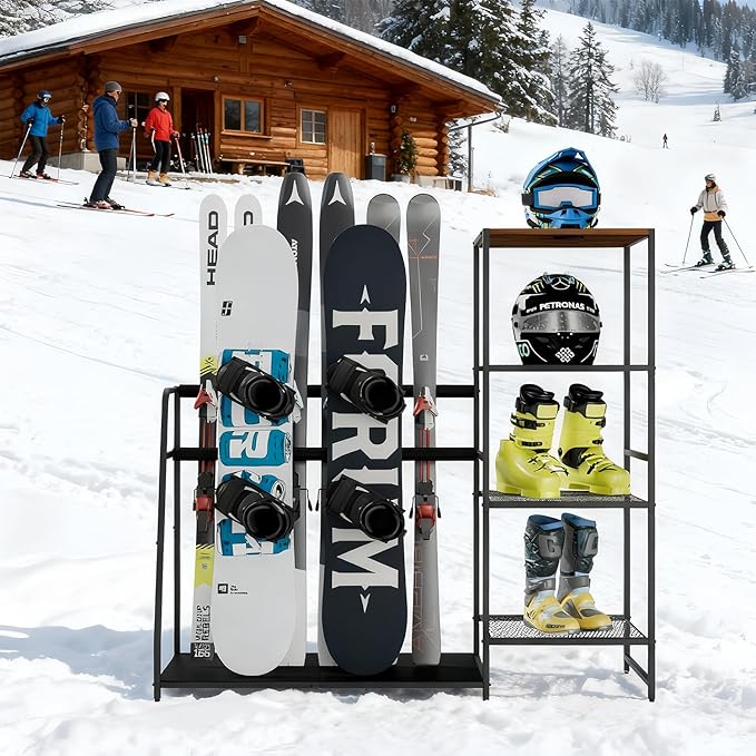 Freestanding Snowboard Rack - Stores 4 Pair Ski, 3 Pack Snowboard, Boot, Pole, Goggles, Helmet Rack for Garage, Shed, Basement