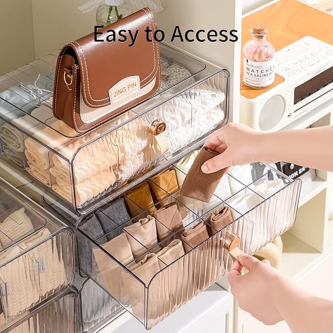Underwear Organizer for Closet, Acrylic Socks Bra Underwear Drawer Organizer with Dividers, 24 Cell Stackable Closet Organizer and Storage Drawer for Clothing, Baby Clothes, Bra, Ties, Scarf