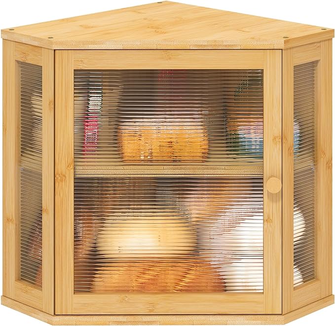 Corner Bread Box for Kitchen Counter, Bamboo Wood Large Capacity Bread Storage Bin with Acrylic Wavy Door Panel (Natural, Meduim)