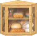 Corner Bread Box for Kitchen Counter, Bamboo Wood Large Capacity Bread Storage Bin with Acrylic Wavy Door Panel (Natural, Meduim)