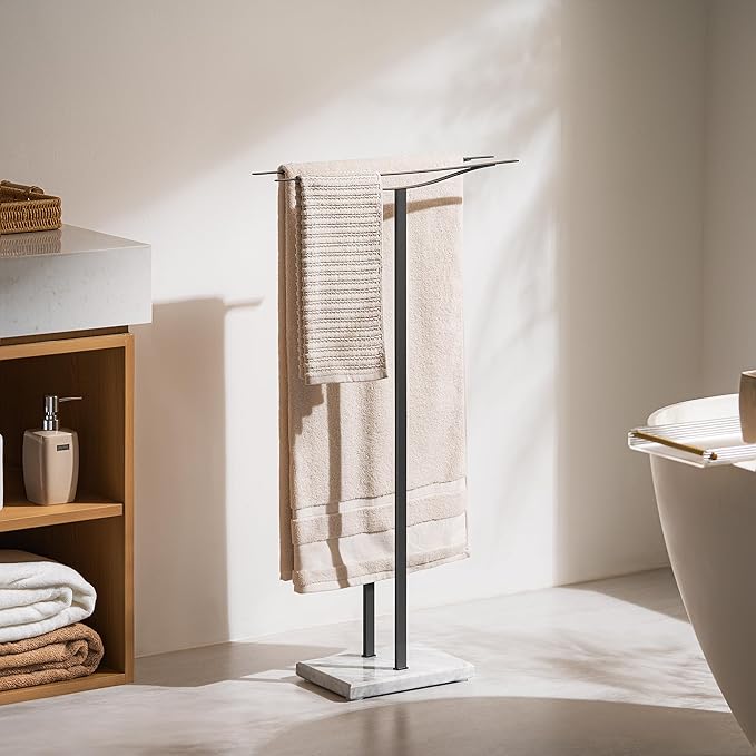 Bathroom Towel Rack Freestanding Floor Stand: Black 36in 2‑Bar Weighted Marble Base Towel Holder, Rustproof 304 Stainless Steel Drying Rack for Bath&Hand Towels, No‑Drill Slim Organizer, Spa Pool